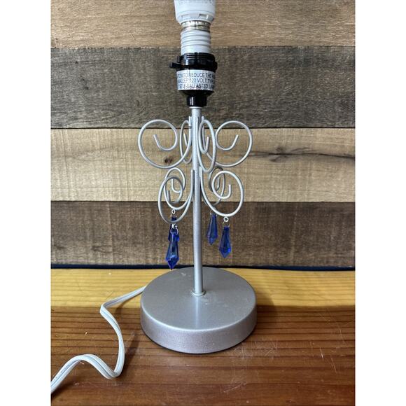 Silver Scroll Lamp With Blue Dangling Prisms - Picture 3 of 6